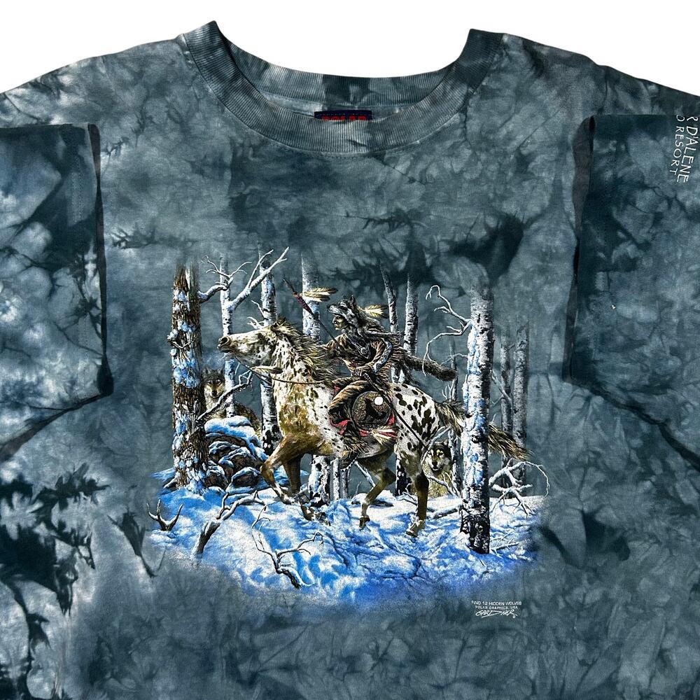 Vintage 90s Art Tee Tie Dye Native American Hidden Wolves T-Shirt Mens XL